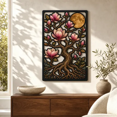 Árbol de vida de magnolia con flores y luna Decoración mural de metal colorida