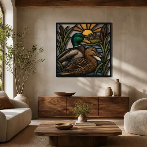 Pareja de patos silvestres junto a un tranquilo estanque de granja Decoración mural de metal colorida
