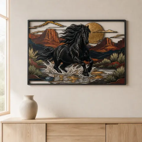 Vista alternativa de Caballo Negro Corriendo a Través del Arroyo del Desierto Decoración Mural de Metal Colorida