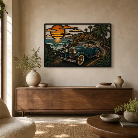 Arte Mural de Metal Colorido de Roadster Vintage en Carretera Costera Tropical