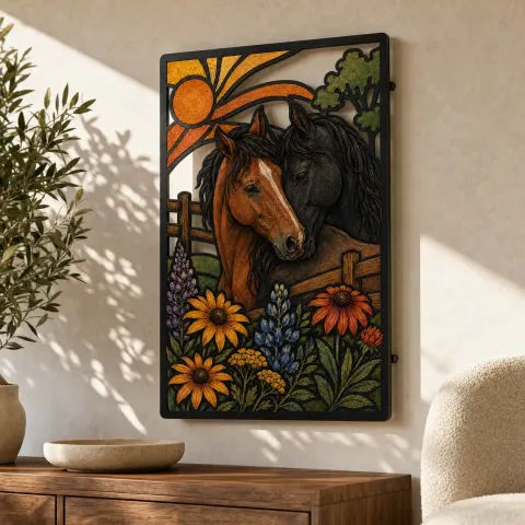Arte Mural de Metal Colorido de Dos Caballos con Flores Silvestres y Amanecer