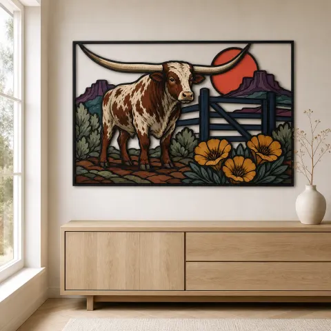 Vista alternativa di Longhorn del Texas con Papaveri del Deserto e Sole Rosso Insegna in Metallo Colorata