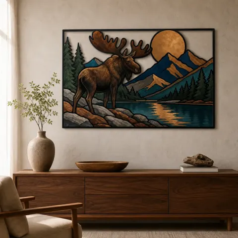 Alce Junto al Lago de Montaña bajo Luna de Cobre Decoración Mural de Metal Colorida