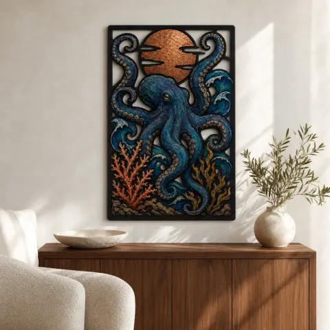 Pulpo Azul con Coral y Luna de Cobre Decoración Mural de Metal Colorida
