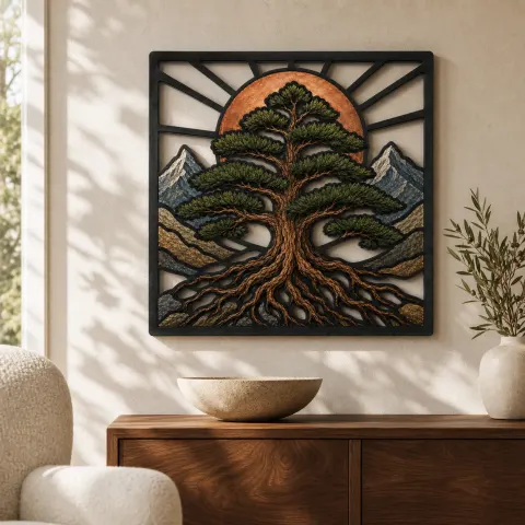 Pino de Montaña Árbol de la Vida con Sol Radiante Decoración Mural de Metal Colorida