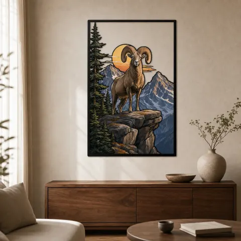 Carnero Bighorn en Acantilado Montañoso al Atardecer Decoración Mural de Metal Colorida