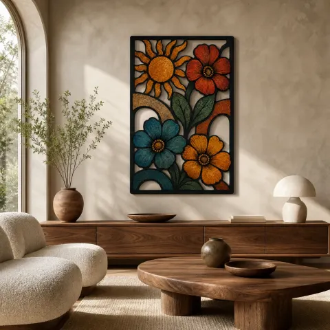 Flores Retro de Media Edad con Sol Radiante Decoración Mural de Metal Colorida