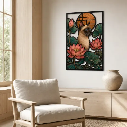 Vista alternativa de Gato Siamés con Flores de Loto y Sol de Cobre Decoración Mural de Metal Colorida