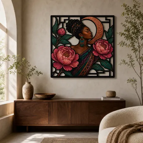 Mujer Afro con Peonías Rosadas y Luna de Cobre Arte Mural de Metal Colorido