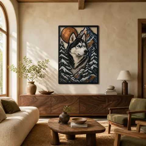 Husky Siberiano en Montañas Nevadas bajo la Luna Decoración Mural de Metal Colorida