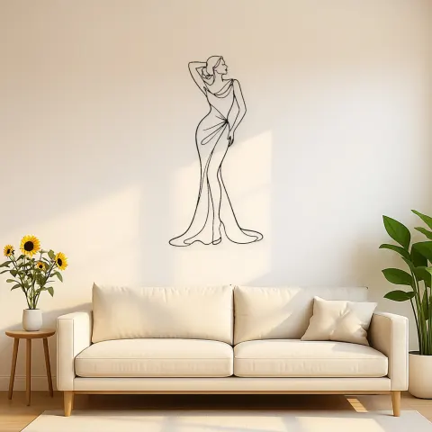 Décoration murale en métal pose de robe drapée bras levés | Décor mural figure de mode