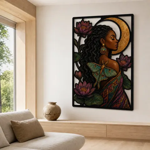 Vista alternativa de Mujer Afro con Loto Polilla y Luna Creciente Arte Mural de Metal Colorido