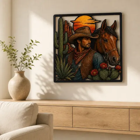 Vista alternativa de Vaquero con Caballo Castaño, Cactus y Flores Silvestres Cartel de Metal Colorido