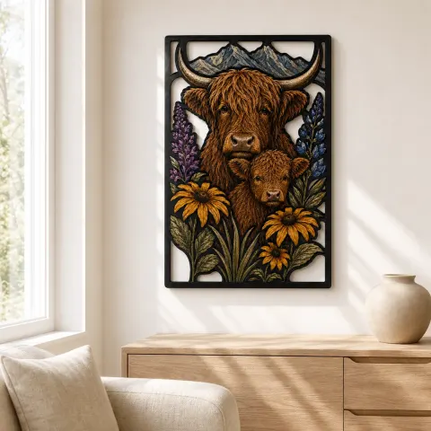 Vista alternativa de Vaca de las Tierras Altas y Ternero con Flores Silvestres Moradas en Cartel de Metal Colorido