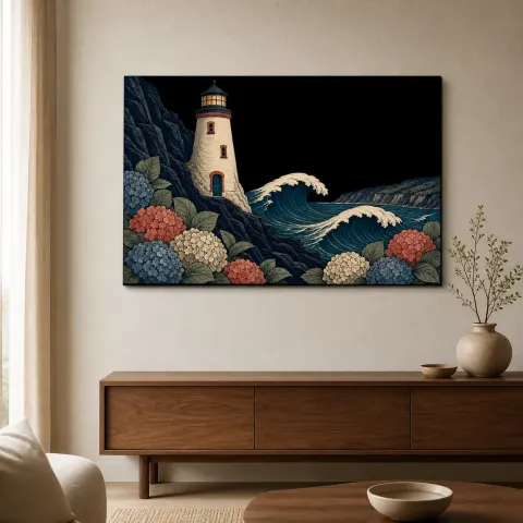 Arte Mural de Metal Colorido con Faro Costero y Hortensias sobre Olas del Océano
