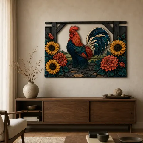 Gallo Orgoglioso con Girasoli presso Fienile Rustico Insegna in Metallo Colorata