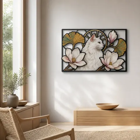 Vista alternativa de Gato Blanco de Pelo Largo con Flores de Magnolia Cartel de Metal Colorido