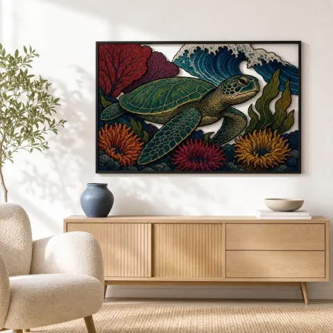 Vista alternativa de Tortuga Marina con Coral y Olas del Océano Decoración Mural de Metal Colorida