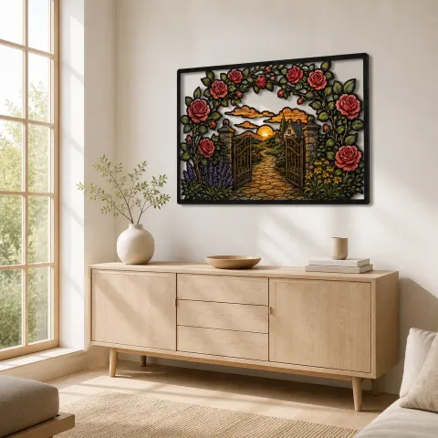 Vista alternativa di Cancello del Giardino di Rose che Porta a una Casa di Campagna Insegna in Metallo Colorata