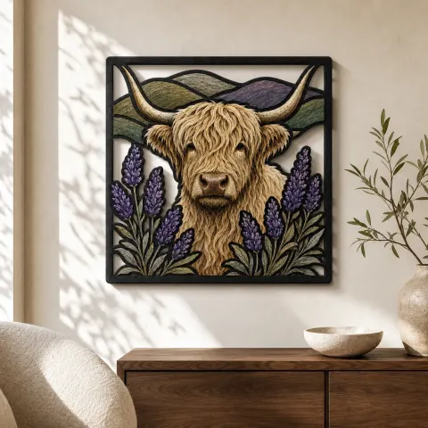 Arte Mural de Metal Colorido de Vaca Highland Blanca con Lavanda y Montañas