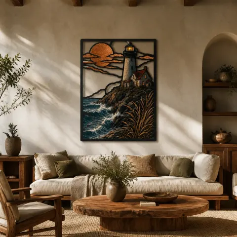 Arte Mural de Metal Colorido con Faro Costero sobre Olas del Océano