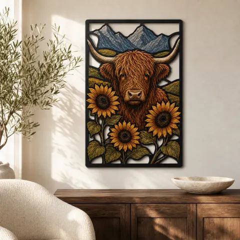 Vaca de las Tierras Altas con Girasoles y Paisaje Montañoso en Cartel de Metal Colorido