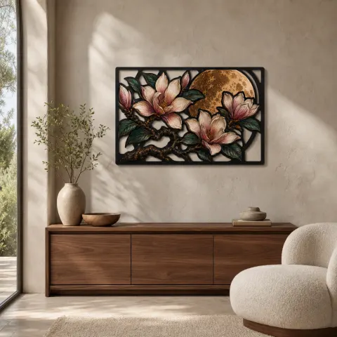 Rama de magnolia con flores y luna llena Decoración mural de metal colorida