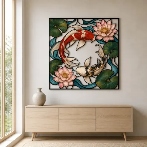 Vista alternativa de Peces Koi con Flores de Loto en Corrientes Oceánicas Decoración Mural de Metal Colorida