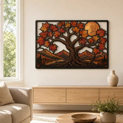 Vista alternativa de Árbol de Vida Arce de Otoño en Montañas Decoración Mural de Metal Colorida