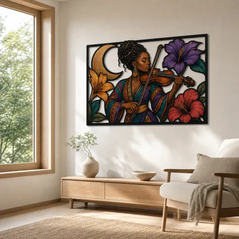 Vue alternative de Femme Afro Violoniste avec Hibiscus et Lune - Décoration Murale en Métal Colorée