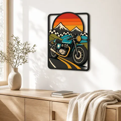 Vista alternativa de Arte Mural de Metal Colorido de Motocicleta Vintage en Carretera de Montaña al Atardecer