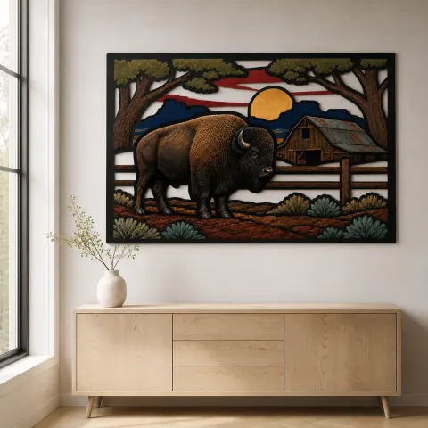 Vista alternativa de Bison al lado de un granero rústico al atardecer Decoración mural de metal colorida