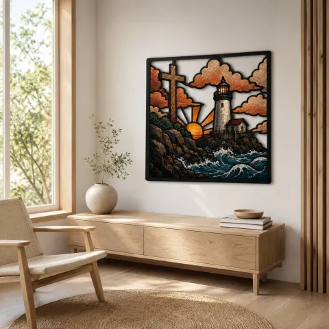 Vista alternativa de Faro bajo Cruz sobre Olas Oceánicas Decoración Mural de Metal Colorida