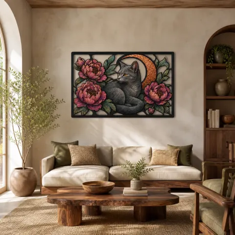 Gatto Blu Russo con Peonie Rosa e Luna Insegna in Metallo Colorata