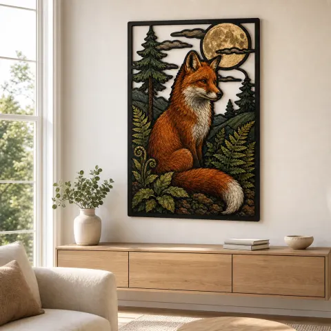 Vista alternativa di Volpe Rossa nella Foresta di Pini sotto la Luna Piena Insegna in Metallo Colorata