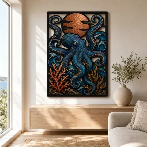 Vista alternativa de Pulpo Azul con Coral y Luna de Cobre Decoración Mural de Metal Colorida