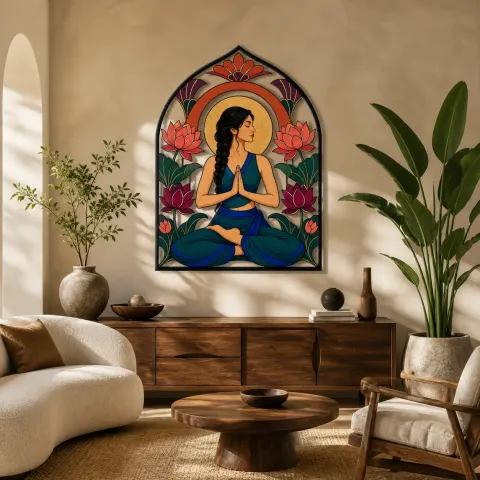 Mujer Practicando Yoga con Flores de Loto al Amanecer Decoración Mural de Metal Colorida