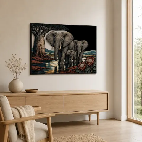 Vista alternativa de Familia de elefantes bajo baobab junto al agua - Arte mural de metal colorido