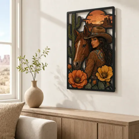 Vista alternativa de Cartel de metal colorido de vaquera con caballo, amapolas y cactus del desierto