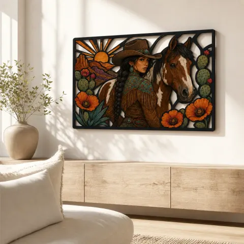 Vista alternativa de Cartel de metal colorido de vaquera con caballo pintado y amapolas del desierto