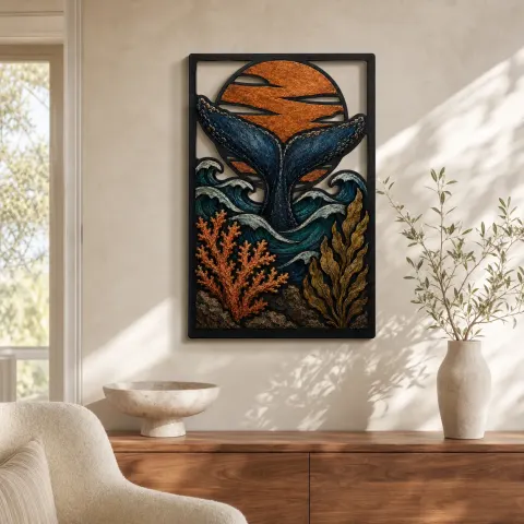 Cola de Ballena Jorobada con Coral y Atardecer de Cobre Decoración Mural de Metal Colorida