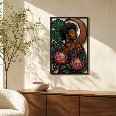 Arte Mural de Metal Colorido con Mujer Afro y Flores Protea y Luna Creciente