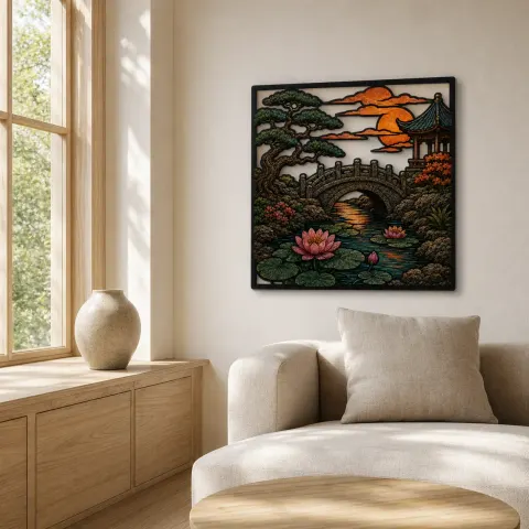 Vista alternativa de Puente Jardín Japonés con Pino y Atardecer Decoración Mural de Metal Colorida