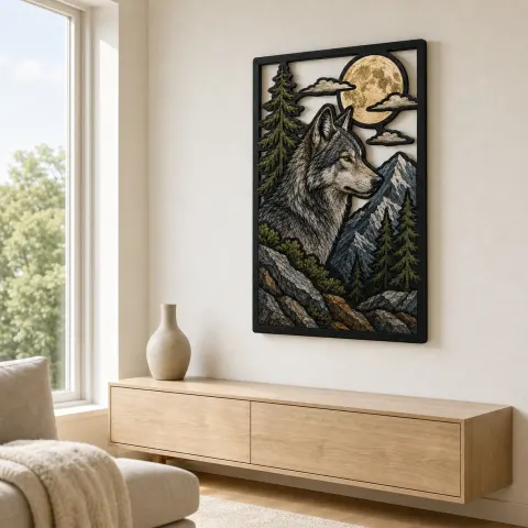 Vista alternativa de Lobo Gris en el Bosque de Montaña bajo la Luna Llena Cartel de Metal Colorido