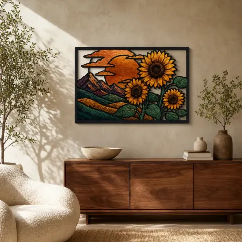 Girasoli con Paesaggio Montano al Tramonto Insegna in Metallo Colorata