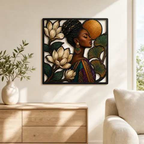 Vista alternativa de Mujer Afro con Flores de Magnolia y Luna de Cobre Arte Mural de Metal Colorido