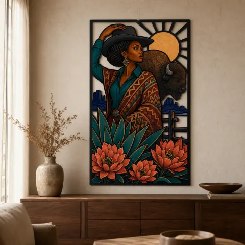 Vaquera negra con bisonte y flores protea Decoración mural de metal colorida