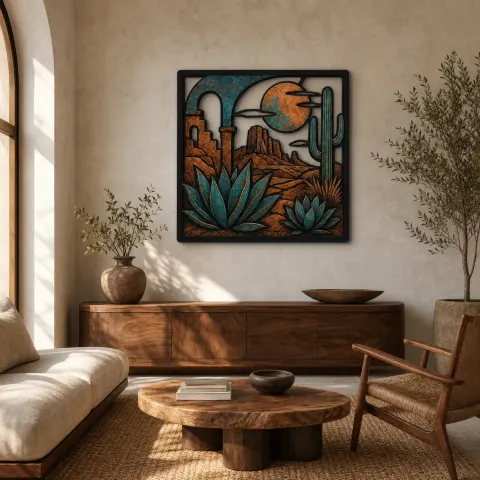 Arco del Desierto de Media Edad con Agave y Cactus Decoración Mural de Metal Colorida