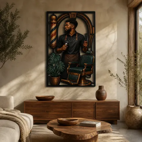 Barbero negro con silla vintage y poste de tienda Decoración mural de metal colorida