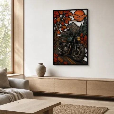 Vista alternativa de Motocicleta clásica en carretera montañosa de otoño Decoración mural de metal colorida